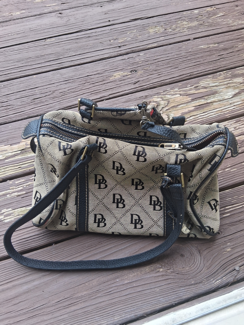 DB Pattern Beige and Black Canvas Satchel Dooney & Burke